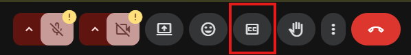 Screenshot of Google Meet toolbar with a red box around the โCCโ button which is the 5th icon from the left