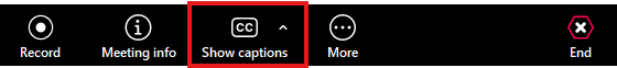 Screenshot of Zoom toolbar with a red box around the โCC Show Captionsโ button which is the 4th icon in from the right.