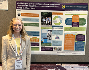 A person stands beside a research poster titled "Well-being of grandparents as primary caregivers of children with disabilities."