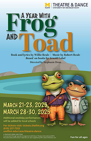 A promotional poster for "A Year with Frog and Toad," featuring two cartoon frogs, with performance dates and details.