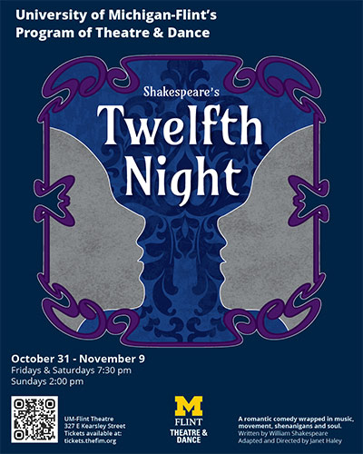 Poster for "Twelfth Night" by the University of Michigan-Flint, detailing performance dates and times.