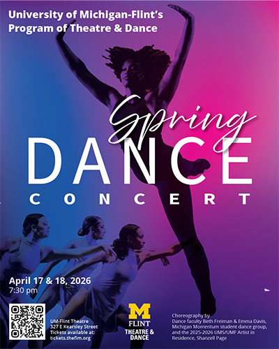 Poster for the University of Michigan-Flint's Spring Dance Concert, featuring dancers and event details.