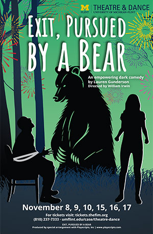 Poster for "Exit, Pursued by a Bear," featuring a silhouette of a person and a bear among trees, with performance details below.