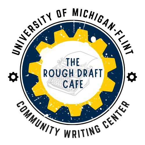 Logo for the University of Michigan-Flint's Rough Draft Cafe, featuring a typewriter and gear design with text.