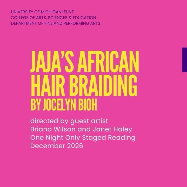 Text promoting a staged reading of "Jaja's African Hair Braiding" by Jocelyn Bioh, directed by Briana Wilson and Janet Haley, December 2026.