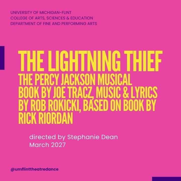 The image features promotional text for "The Lightning Thief: The Percy Jackson Musical," directed by Stephanie Dean, March 2027.