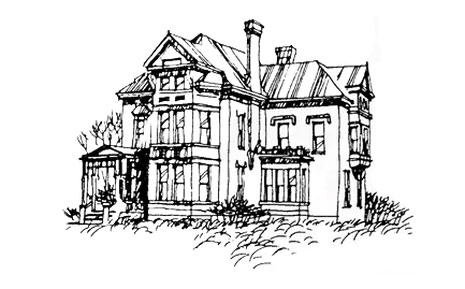 A detailed sketch of a large, Victorian-style house with multiple windows and a front porch.