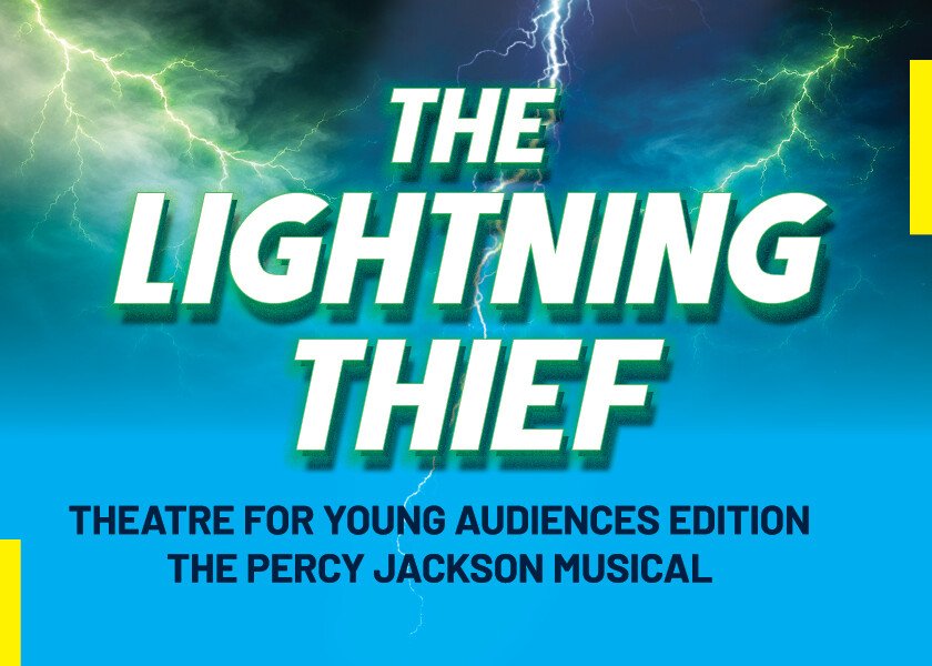 The image features the title "The Lightning Thief" with a subtitle indicating it's a theatre edition of "The Percy Jackson Musical."
