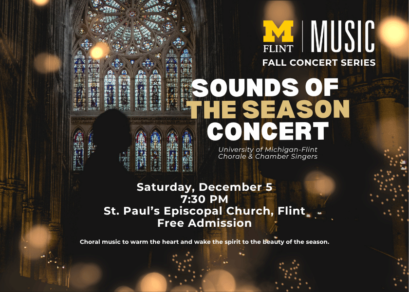 Promotional poster for the "Sounds of the Season" concert at St. Paul's Episcopal Church, featuring event details and a stained glass window.