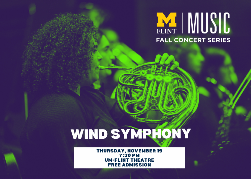 A person plays a French horn in a concert setting, with event details for the Wind Symphony performance displayed.