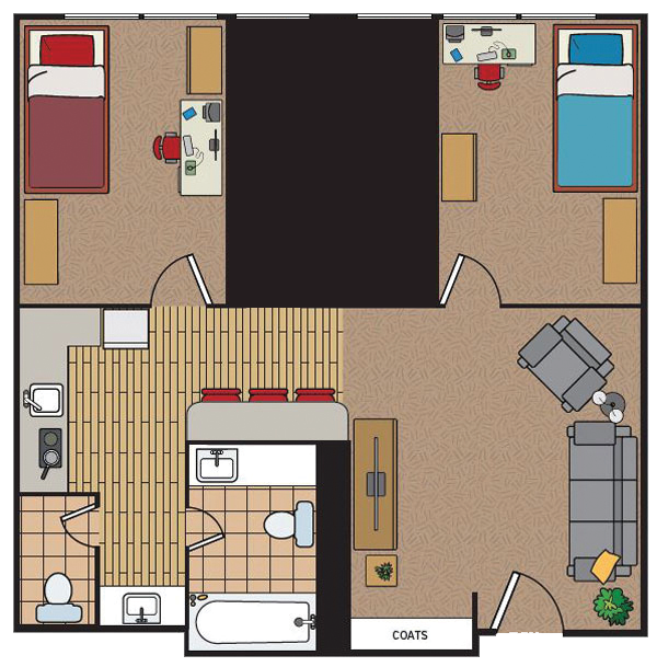 Floor plan of a two-person single standard suite with two private bedrooms, two bathrooms, a kitchen, and a living area.