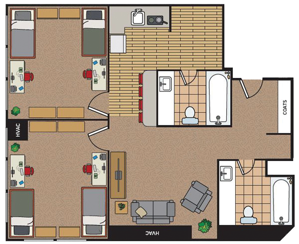 Floor plan of a four-person double suite with two shared bedrooms, two bathrooms, a kitchen, and a central living area.