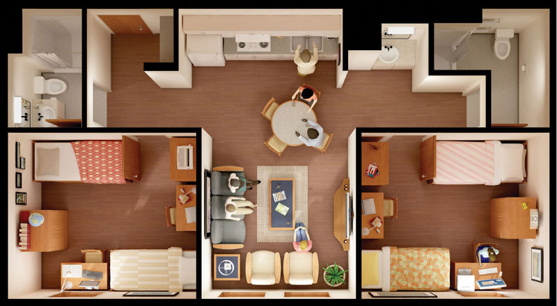 Floor plan of a double suite: two bedrooms with beds, desks, and storage sharing a central living area with a dining table, sofa, and small kitchen.
