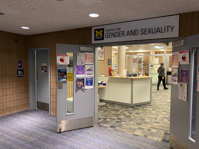 Entrance to the University of Michigan's Center for Gender and Sexuality, with a reception area visible inside.