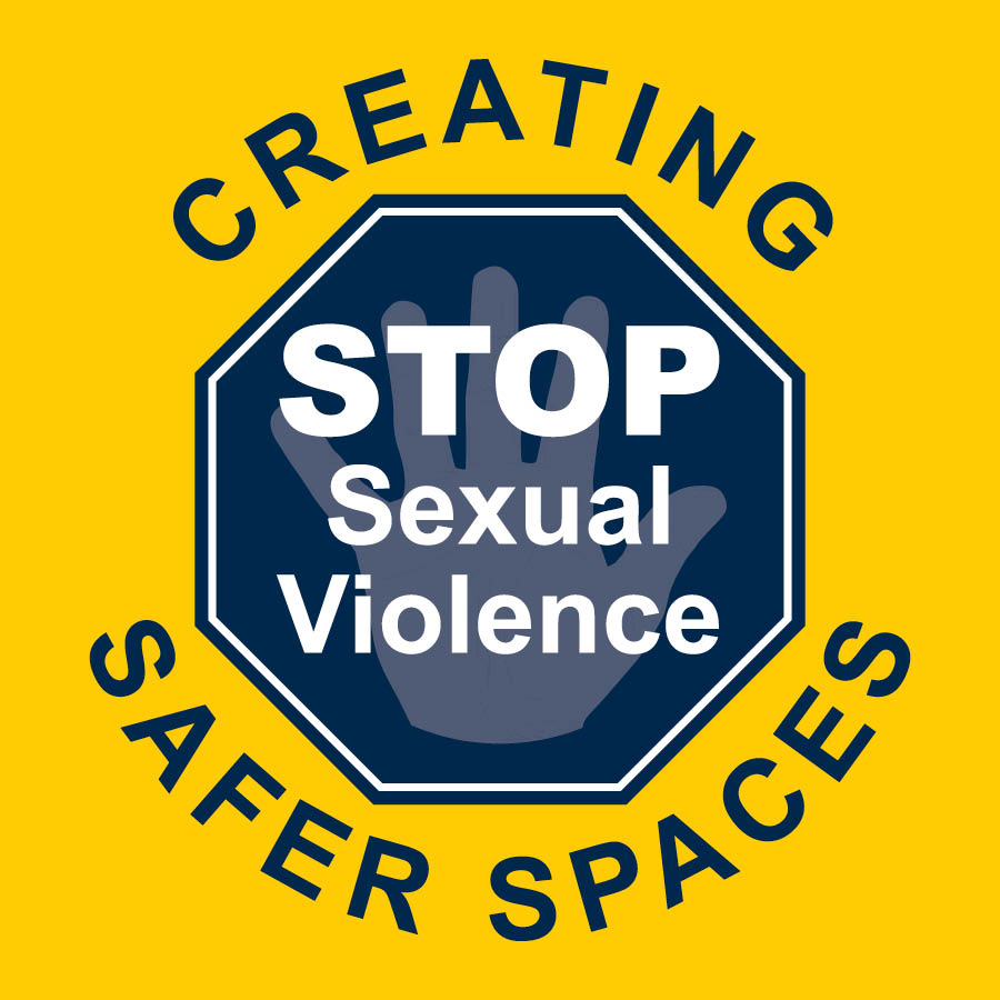 Creating safer spaces: STOP Sexual Violence, with a hand graphic on a yellow background.