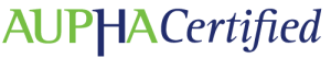 AUPHA Certified Logo, AUP in green H in navy blue, A in green, Certified in Navy Blue. Text Logo.