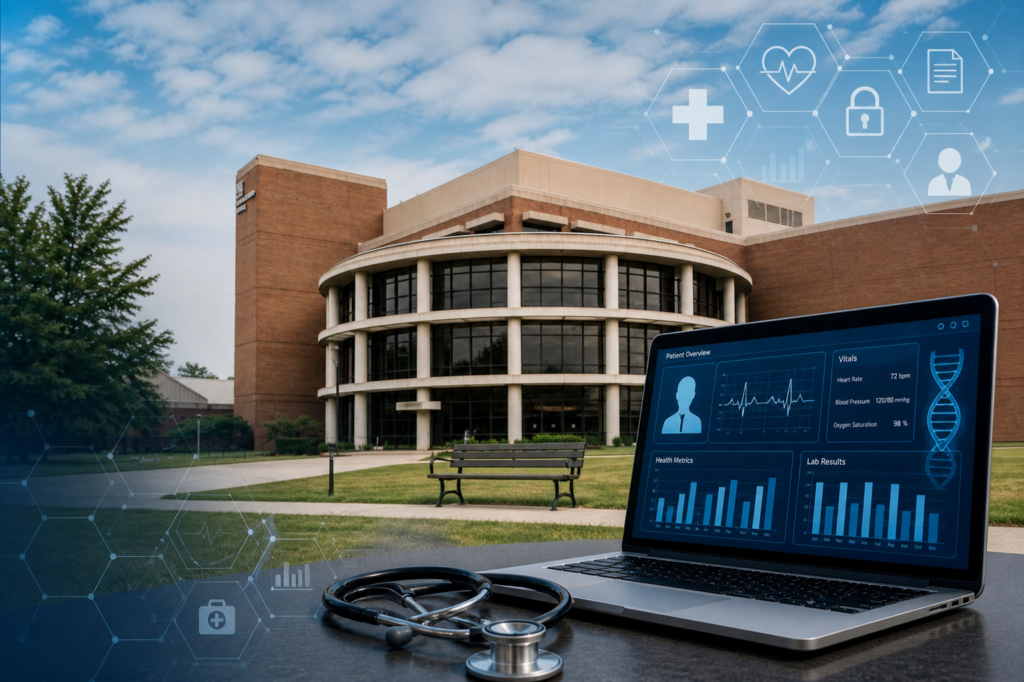 A UM-Flint campus building appears behind a laptop displaying patient health data and a stethoscope, with digital health care icons overlaid across the image.
