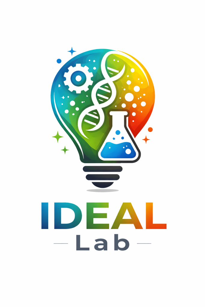 A colorful logo featuring a light bulb with gears, a DNA strand, and a laboratory flask, labeled "IDEAL Lab."