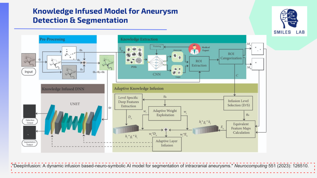 Knowledge Infused Model for Aneurysm Detection and Segmentation: preprocessing of aneurysm images feeds a knowledge-infused deep neural network and a knowledge extraction process involving medical expert training and feedback, ROI extraction and categorization, infusion level selection, adaptive weight exploitation, adaptive layer infusion, and level-specific deep feature extraction, converging on detection and segmentation outputs. Citation: DeepInfusion: A dynamic infusion-based neuro-symbolic AI model for segmentation of intracranial aneurysms, Neurocomputing 551 (2023): 126510.