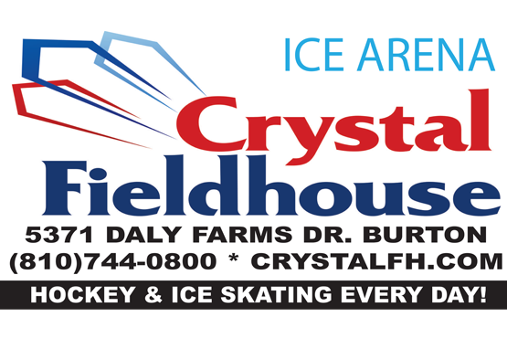 Ice arena sign for Crystal Fieldhouse, featuring contact information and promoting hockey and ice skating every day.