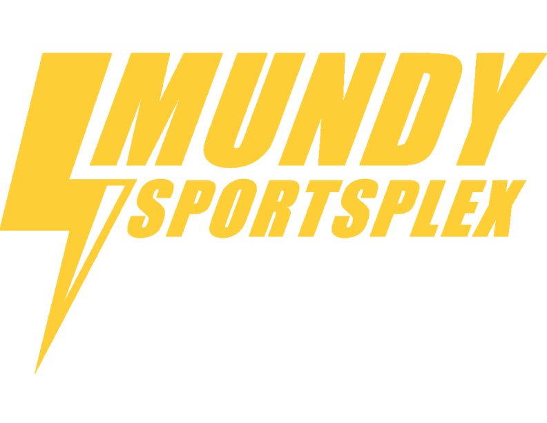MUNDY SPORTSPLEX logo in bold yellow text with a lightning bolt design.