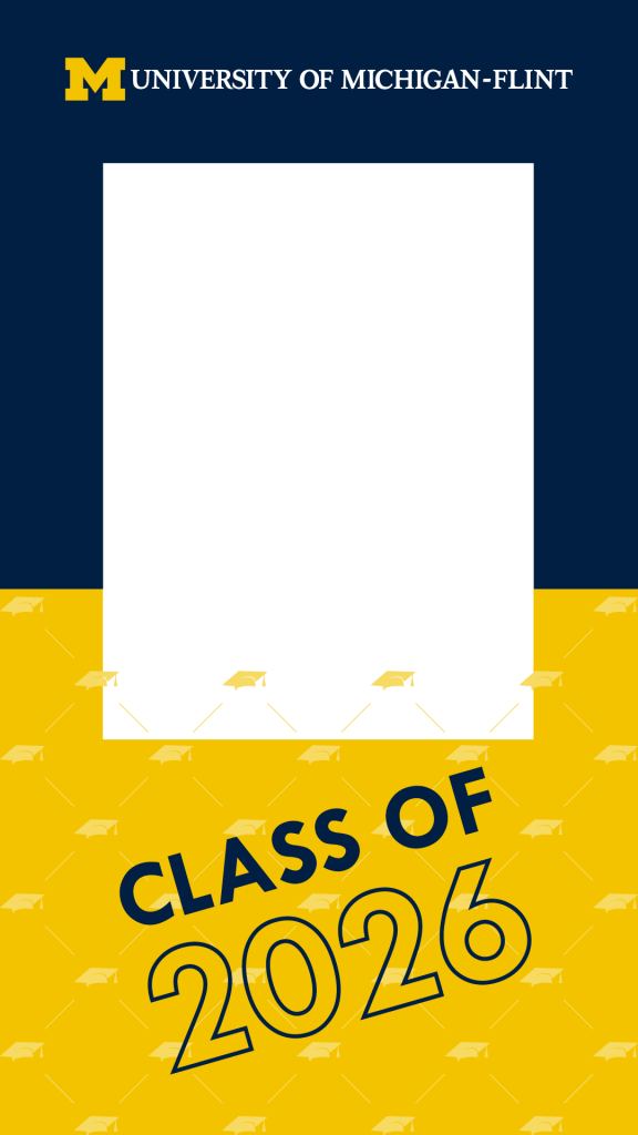 University of Michigan-Flint banner featuring "CLASS OF 2026" in large text with a decorative background.