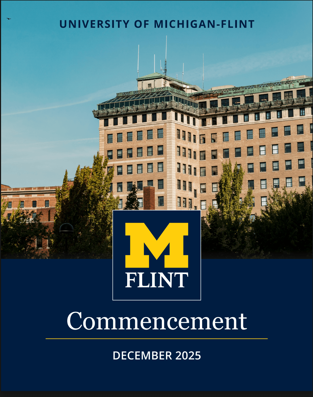 Image of the University of Michigan-Flint building with text overlay: "Commencement, December 2025."