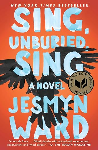 Book cover for "Sing, Unburied, Sing" by Jesmyn Ward, featuring a bright orange background with blue text and a seal indicating a National Book Award win.
