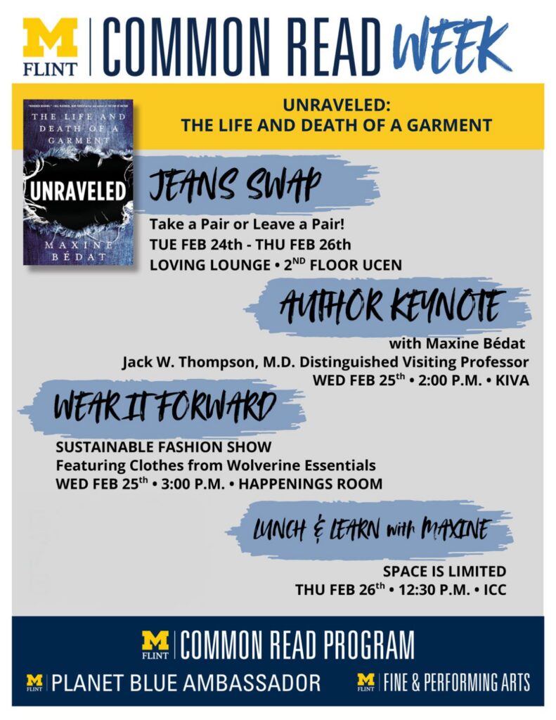 A promotional flyer for "Common Read Week" at the University of Michigan-Flint, featuring events related to the book "Unraveled" by Maxine Bรฉdat.