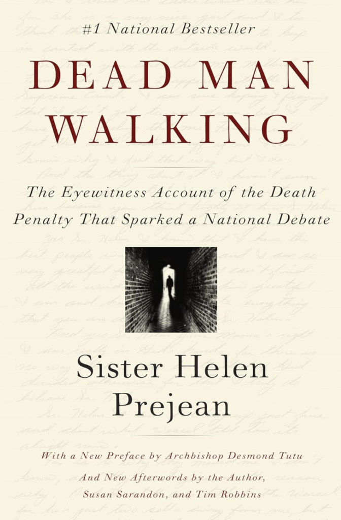 Cover of "Dead Man Walking" by Sister Helen Prejean, featuring a shadowy figure in a corridor and text about the book's themes.
