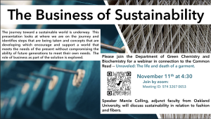 A promotional image for a webinar titled "The Business of Sustainability," featuring event details and a QR code for registration.
