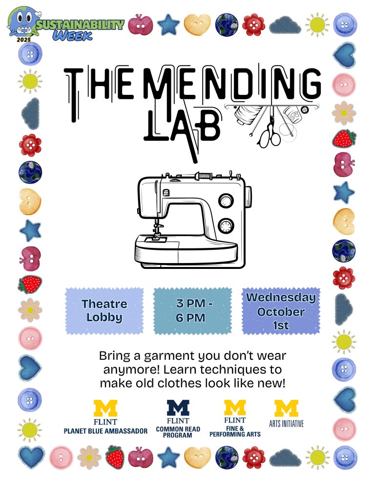 Event poster for "The Mending Lab" featuring a sewing machine, details about the event, and decorative icons.