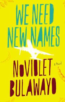 Book cover for "We Need New Names" by NoViolet Bulawayo, featuring a bright yellow background with an airplane graphic.