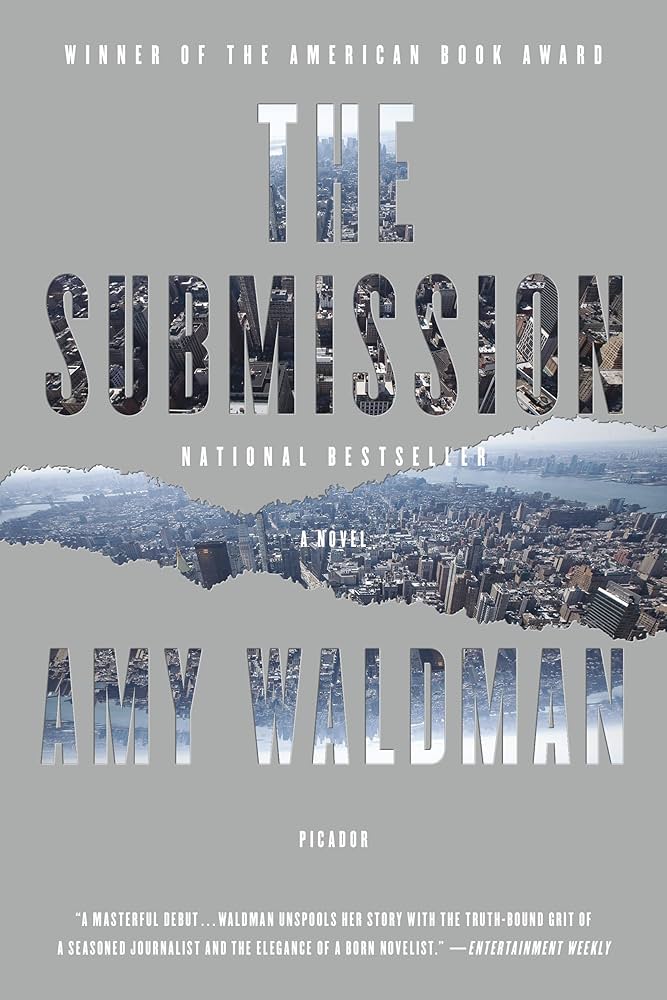 Cover of the book "The Submission" by Amy Waldman, featuring a cityscape image and text indicating it won the American Book Award.