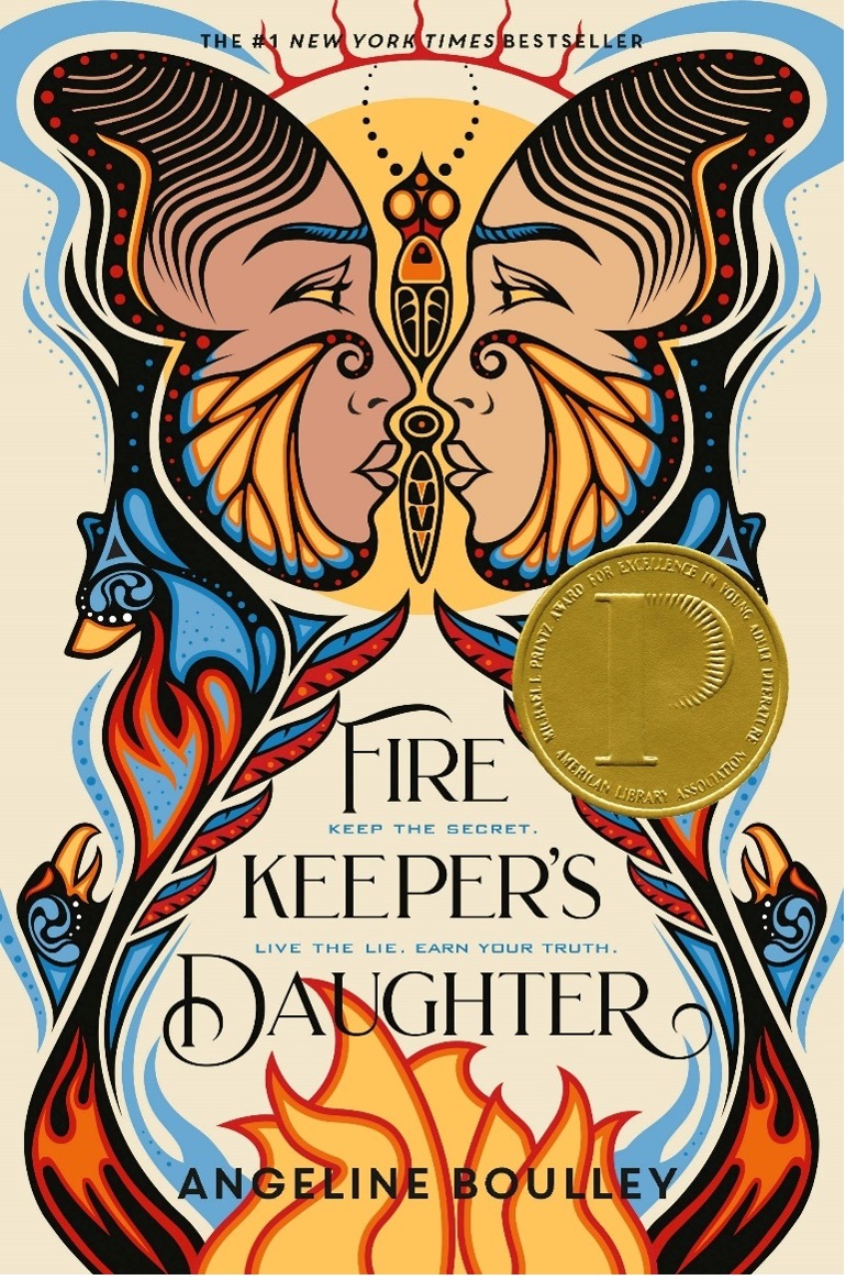 Cover of the book "Firekeeper's Daughter" by Angeline Boulley, featuring two faces with butterfly motifs and a gold award seal.