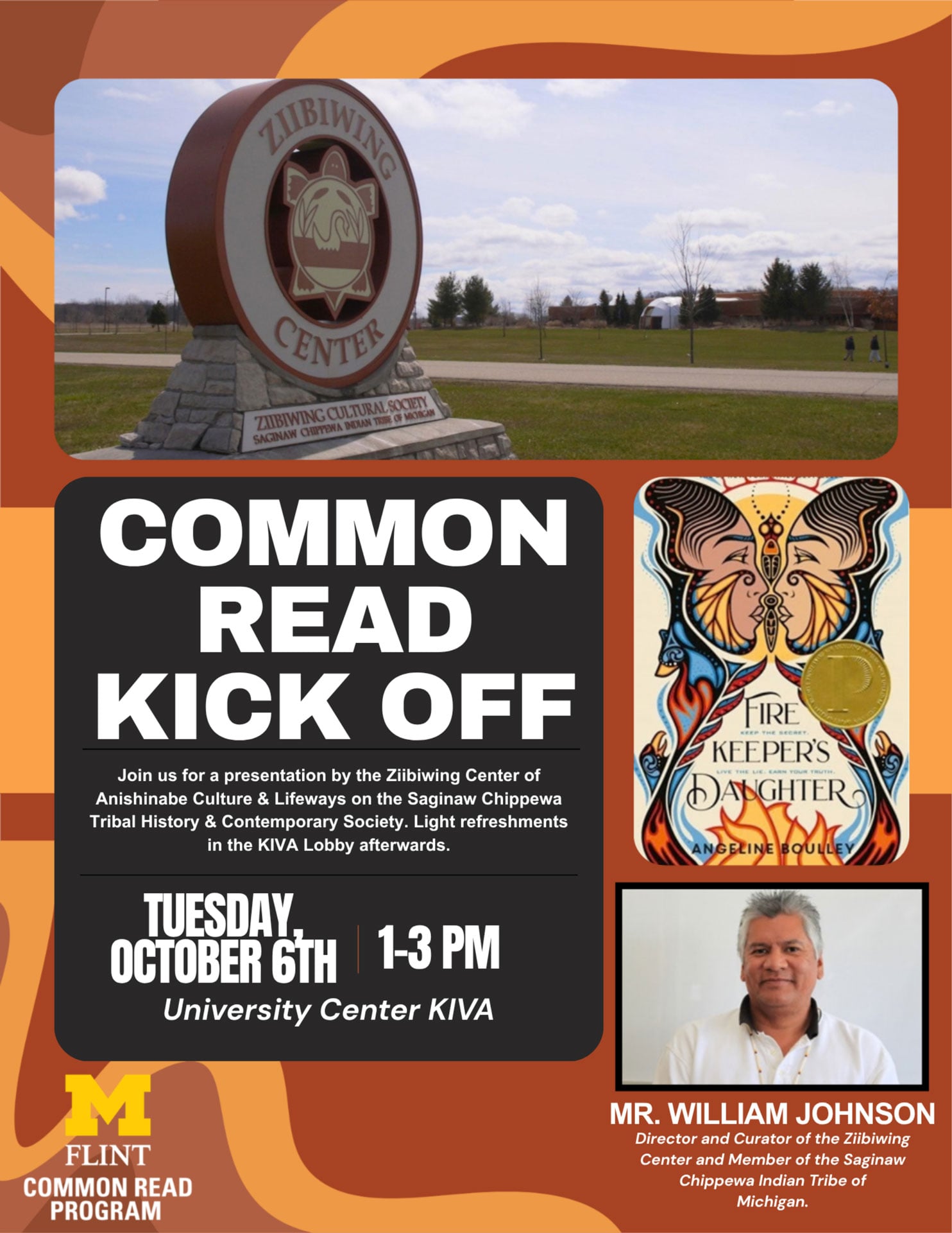Image promoting a "Common Read Kick Off" event featuring a presentation by the Ziibiwing Center, with details on date, time, and speaker.