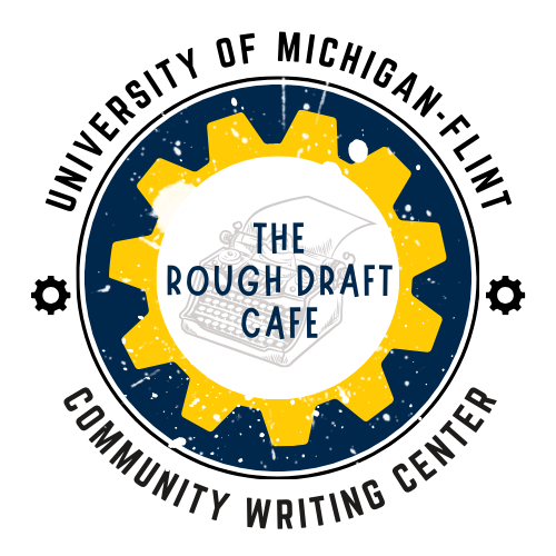 Logo for the University of Michigan-Flint's Rough Draft Cafe, featuring a typewriter and gear design with text.