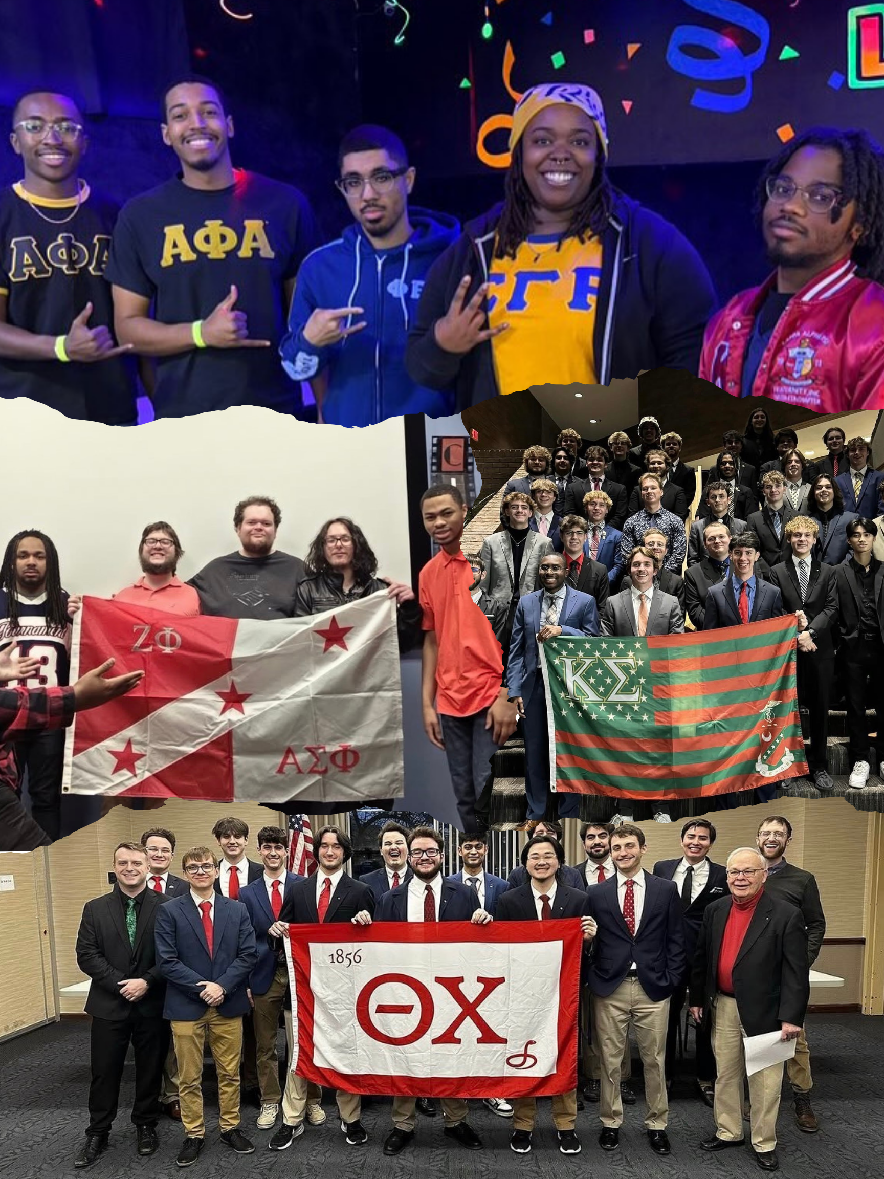 A collage featuring groups of people posing with fraternity flags, showcasing various Greek organizations and events.