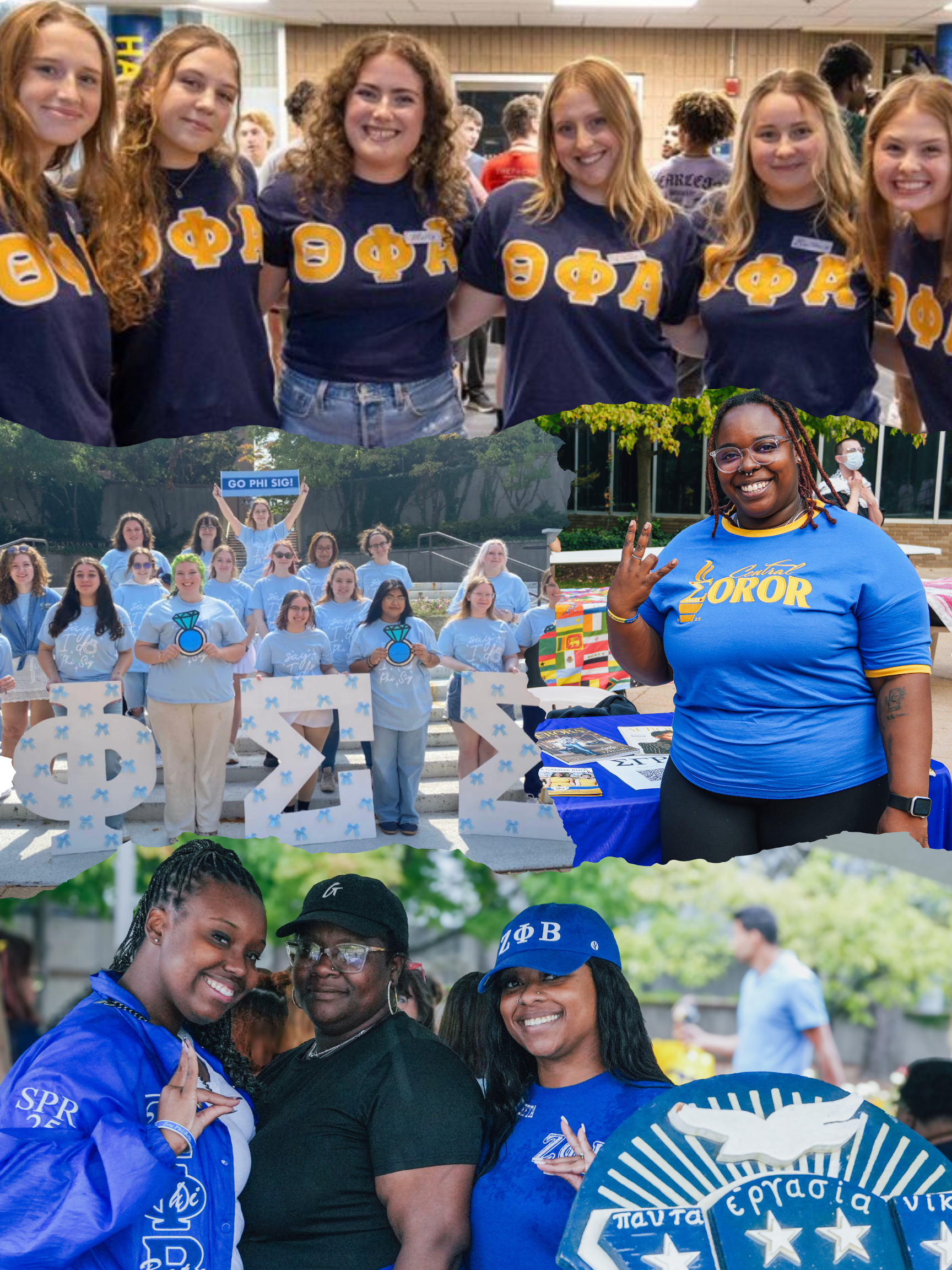 A collage of four images featuring groups of people in Greek life attire, promoting their sororities and engaging in activities.