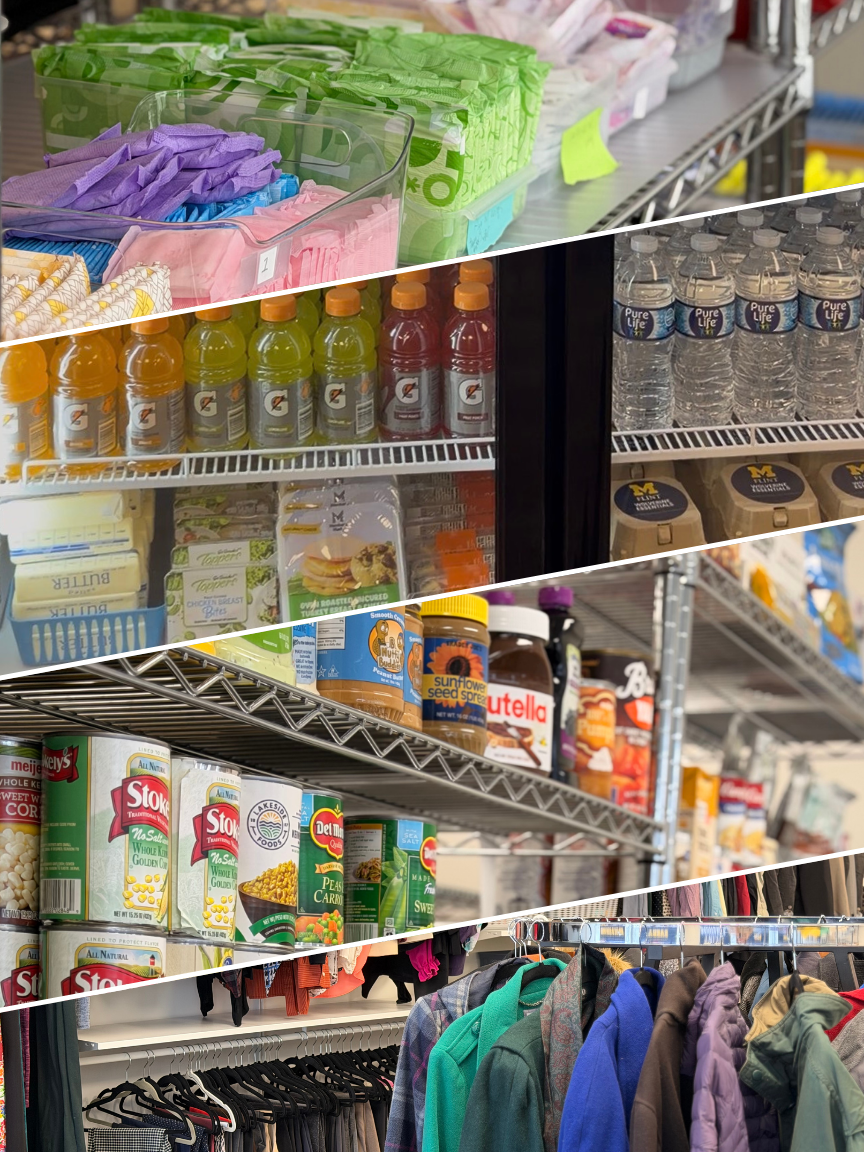 A collage of shelves displaying various items, including snacks, drinks, canned goods, and clothing.