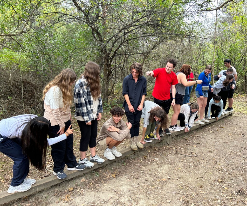 A group of people is balancing on a wooden beam in a wooded area, some crouching and others standing, engaged in a team activity.