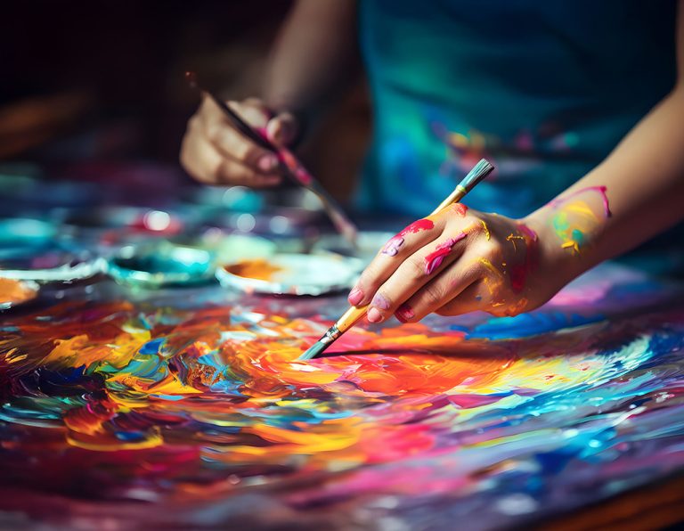 A person's hands hold paintbrushes while painting vibrant colors on a canvas.