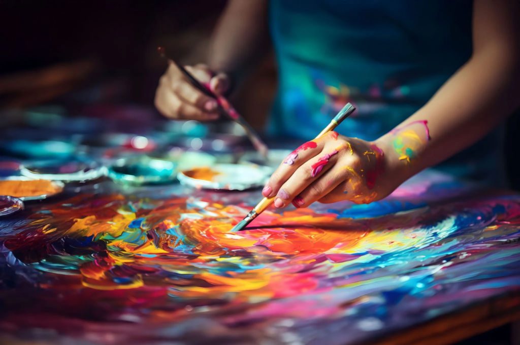 A person paints on a colorful canvas with two brushes, surrounded by paint containers.
