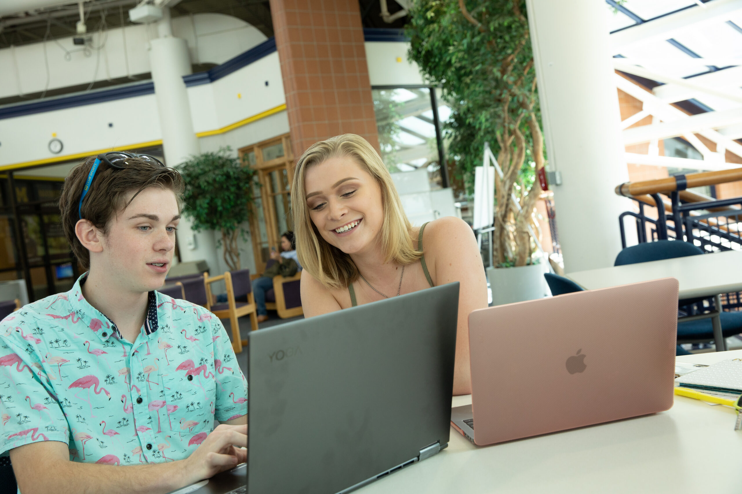 Two students studying together on laptops in a campus atrium.