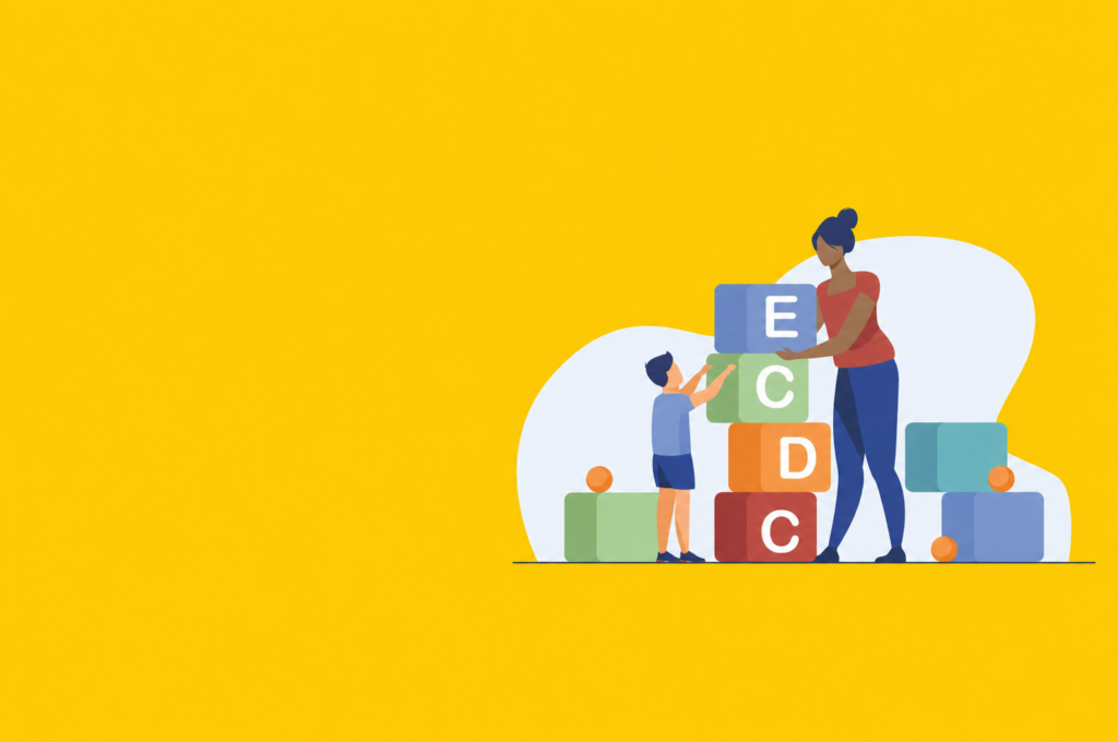 A person and a child are stacking colorful blocks with letters on a bright yellow background.
