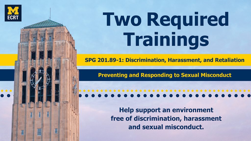 Image promoting two required trainings on discrimination, harassment, and sexual misconduct, featuring a clock tower.