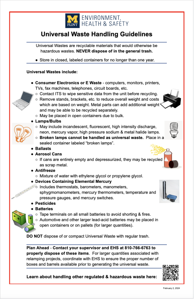 Universal Waste Handling Guidelines poster detailing types of waste, including electronics and batteries, with contact information.