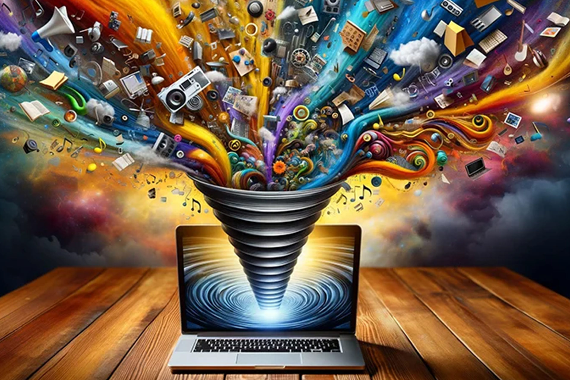A laptop with a swirling vortex emerging from the screen, filled with colorful icons representing various media and ideas.