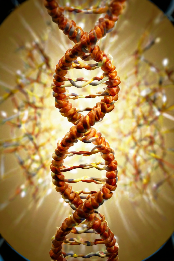 A 3D representation of a DNA double helix with a glowing background.