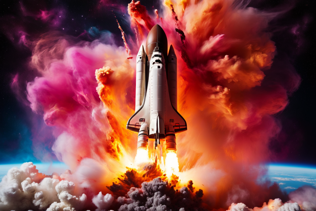 A rocket launches into space, surrounded by vibrant clouds of smoke and flames against a starry background.